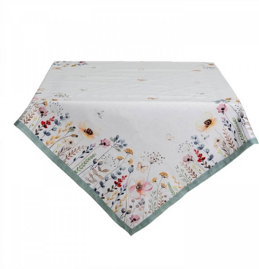 Clayre & Eef Tafelkleed 150x250 cm Wit Groen Katoen Rechthoek Bloemen