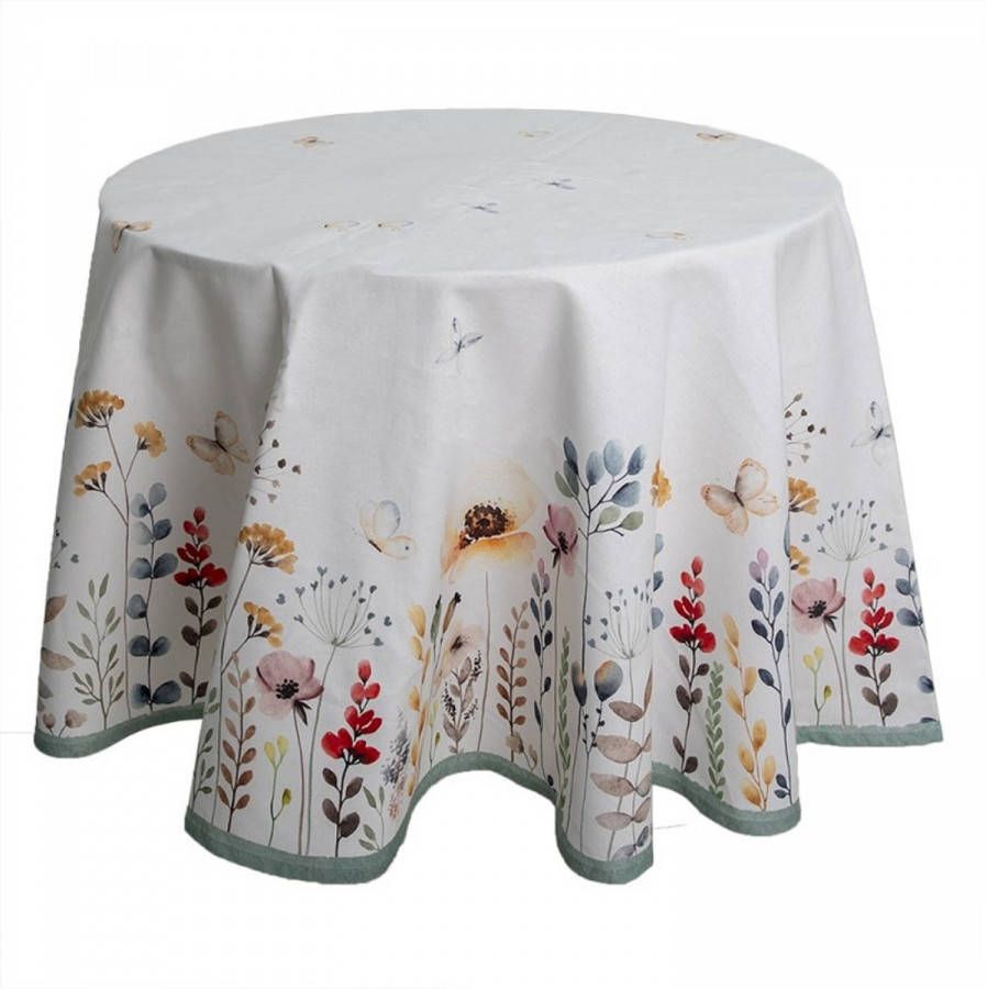 Clayre & Eef Rond Tafelkleed Ø 170 cm Wit Groen Katoen Rond Bloemen