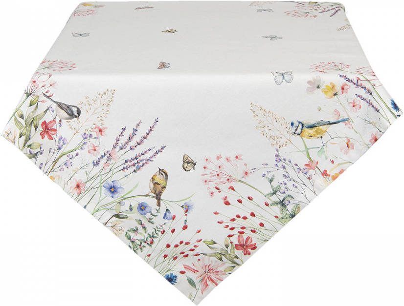 Clayre & Eef Tafelkleed 150x250 cm Wit Groen Katoen Rechthoek Bloemen
