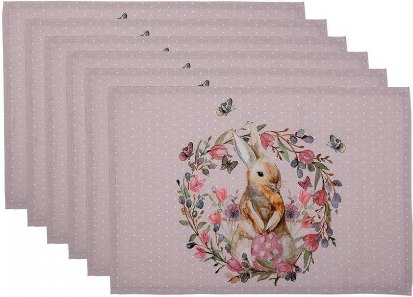 Clayre & Eef Placemats Set Van 6 48x33 Cm Wit Roze Katoen Rechthoek Konijn Bloemen Tafelmat Wit Tafelmat