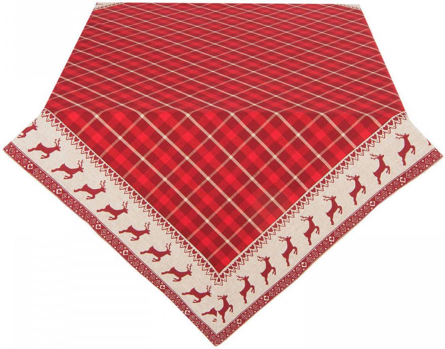 Clayre & Eef Vierkant Tafelkleed Kerst 100x100 cm Rood Beige Katoen