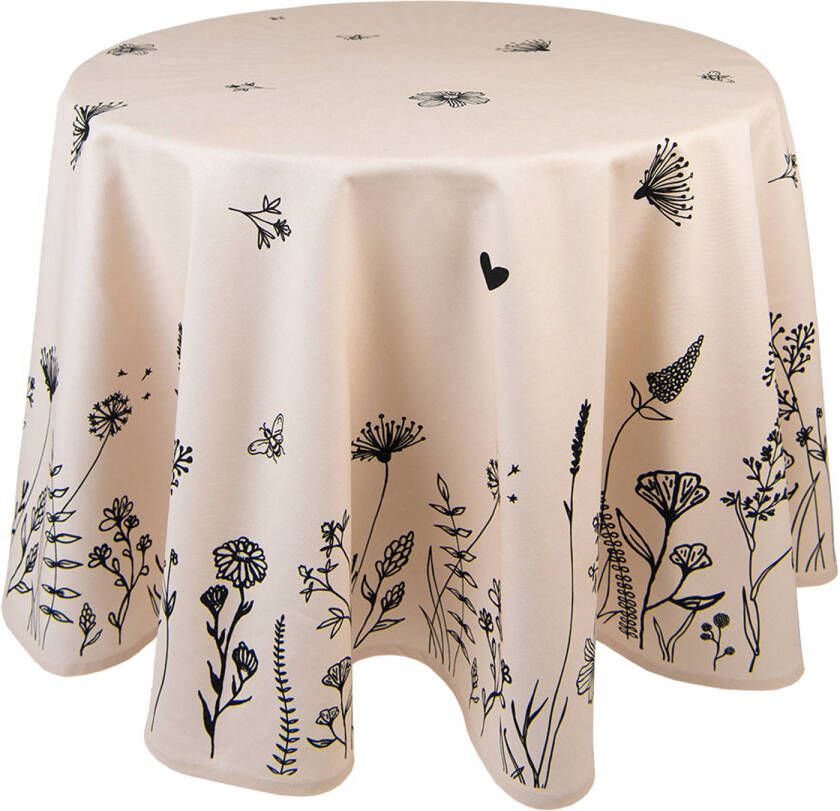 Clayre & Eef Rond Tafelkleed Ø 170 Cm Beige Zwart Katoen Bloemen Tafellaken Tafellinnen Tafeltextiel Beige Tafellaken