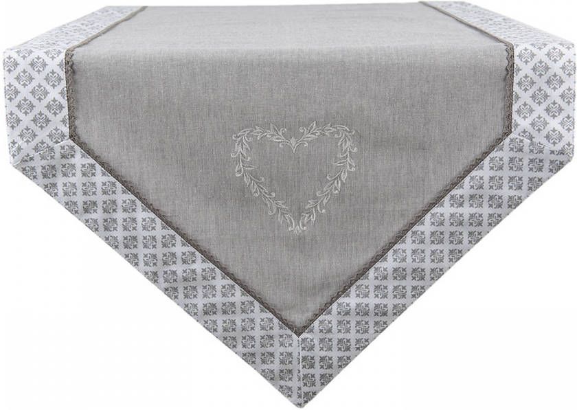 Clayre & Eef Tafelloper 50x150 Cm Grijs Wit Katoen Rechthoek Harten Ruiten Tafelkleed Loper Tafeltextiel Grijs