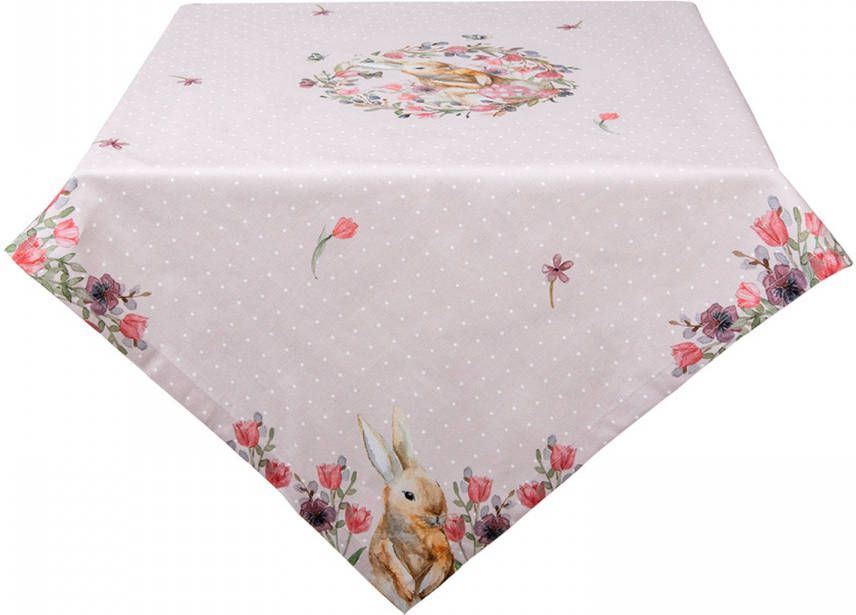 Clayre & Eef Vierkant Tafelkleed 100x100 Cm Beige Roze Katoen Vierkant Konijn Bloemen Tafellaken Tafellinnen