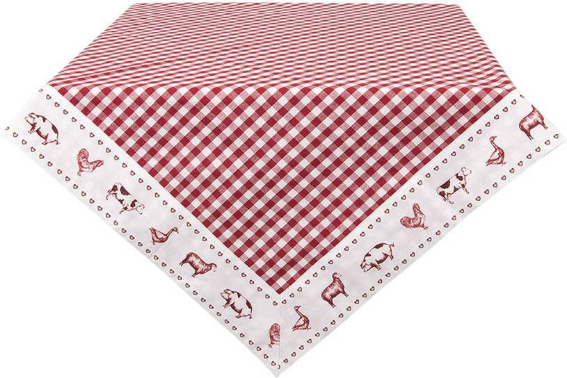 Clayre & Eef Vierkant Tafelkleed 100x100 Cm Rood Wit Katoen Vierkant Boerderij Dieren Tafellaken Tafellinnen