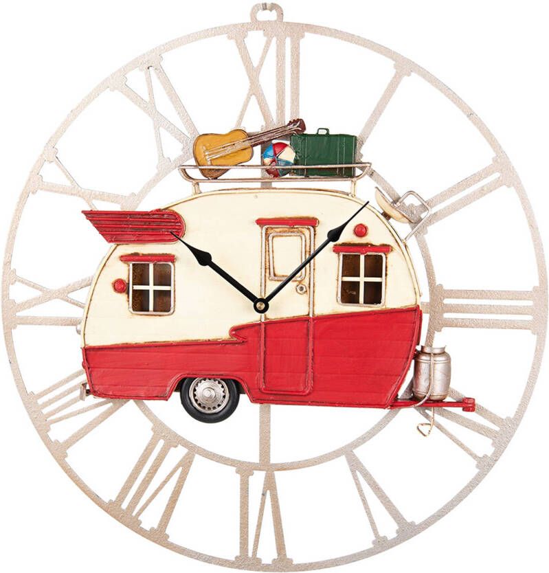 Clayre & Eef Wandklok 48x50 Cm Rood Bruin Metaal Rond Caravan Muurklok Hangklok Rood Muurklok Hangklok