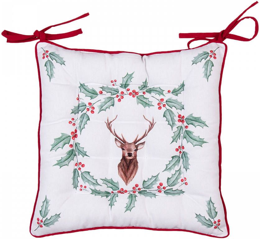Clayre & Eef Stoelkussen Foam 40x40x4 cm Wit Rood Katoen Vierkant Hert