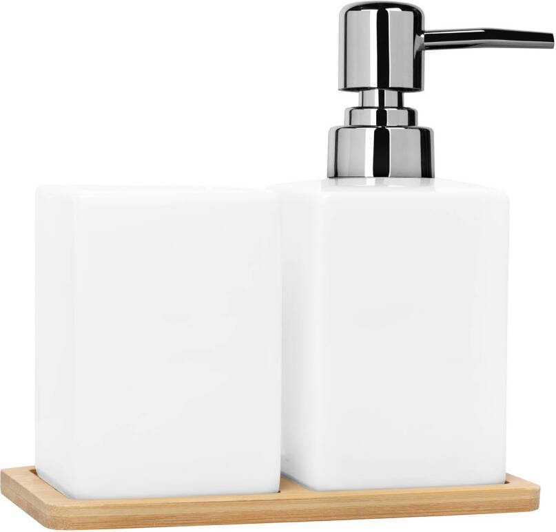 QUVIO Zeep dispenser + bakje met houten onderzetters Wit