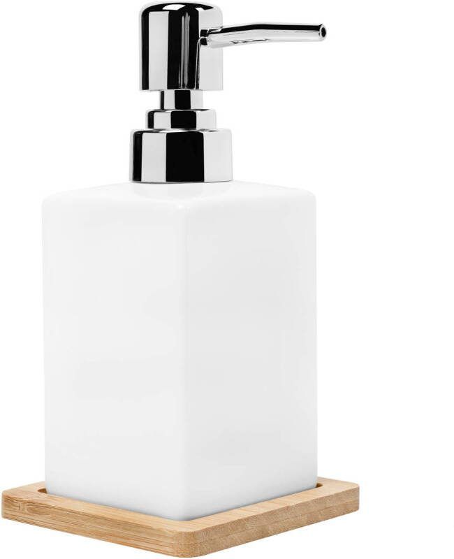 QUVIO Zeep Dispenser Met Houten Onderzetter Wit