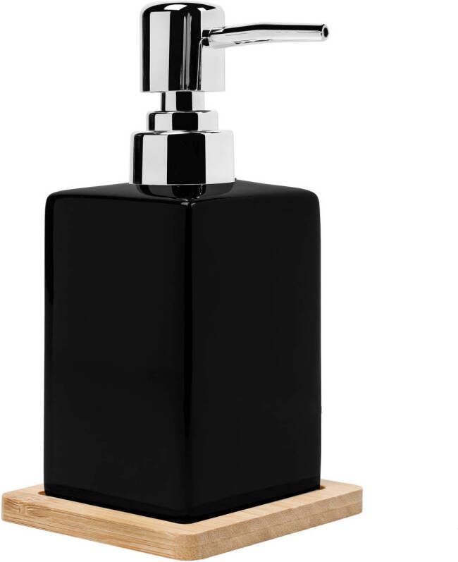 QUVIO Zeep Dispenser Met Houten Onderzetter Zwart