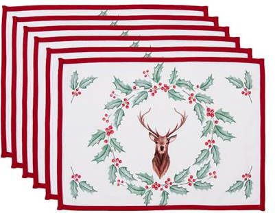 Clayre & Eef Placemats Set Van 6 48x33 Cm Wit Rood Katoen Rechthoek Hert Hulstbladeren Tafelmat Wit Tafelmat
