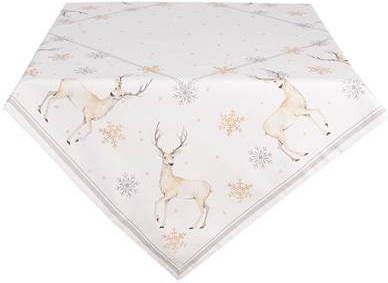 Clayre & Eef Tafelkleed 100x100 Cm Wit Beige Katoen Vierkant Hert En Kerst Tafellaken Tafellinnen Tafeltextiel Wit