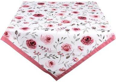 Clayre & Eef Tafelkleed 150x250 cm Wit Roze Katoen Rechthoek Rozen