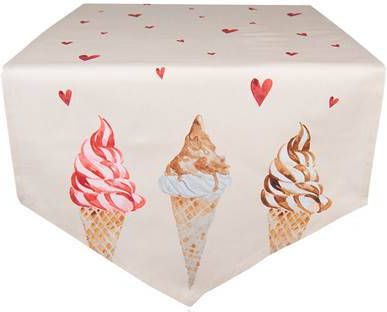 Clayre & Eef Tafelloper 50x160 Cm Beige Roze Katoen Ijsjes Tafelkleed Loper Tafeltextiel Beige Tafelkleed Loper