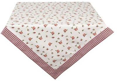 Clayre & Eef Vierkant Tafelkleed 100x100 Cm Rood Wit Katoen Vierkant Rozen Tafellaken Tafellinnen Tafeltextiel Wit