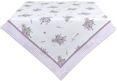 Clayre & Eef Vierkant Tafelkleed 100x100 Cm Wit Paars Katoen Vierkant Lavendel Tafellaken Tafellinnen Tafeltextiel Wit
