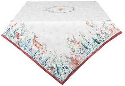 Clayre & Eef Vierkant Tafelkleed 100x100 Cm Wit Rood Katoen Vierkant Hert Tafellaken Tafellinnen Tafeltextiel Wit