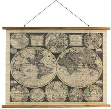 Clayre & Eef Wandkleed 100x76 Cm Beige Bruin Hout Textiel Rechthoek Wereldkaart Wanddoek Wandhanger Wandkaart